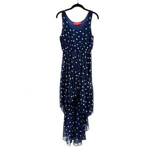 Akira Chicago Polka Dot Chiffon Hi-Lo Dress S Navy Sleeveless Nautical Old Money